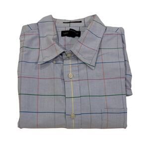 M3-44 LAND'S END Men's 100% Cotton Plaid Collared Button Down Shirt Blue Large